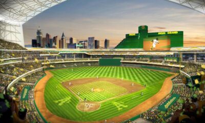 ARCHIVO - Este diseño por computadora distribuido por los Atléticos de Oakland el 26 de mayo de 2023 muestra la propuesta del nuevo parque del equipo en Las Vegas (Courtesy of Oakland Athletics via AP, File)