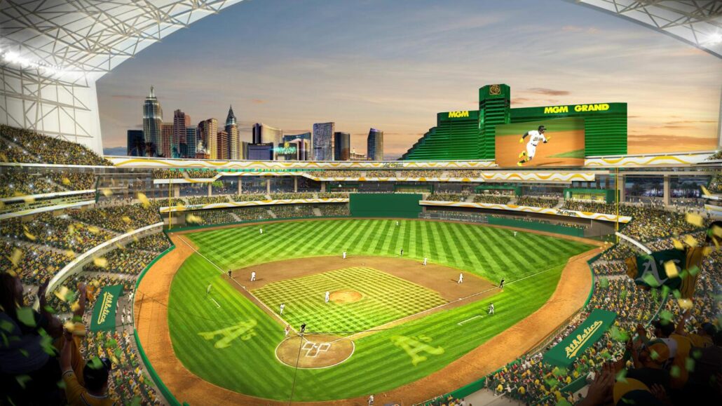 ARCHIVO - Este diseño por computadora distribuido por los Atléticos de Oakland el 26 de mayo de 2023 muestra la propuesta del nuevo parque del equipo en Las Vegas (Courtesy of Oakland Athletics via AP, File)