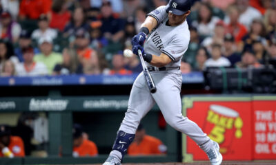 Sep 1, 2023; Houston, Texas, USA; New York Yankees center fielder Jasson Dominguez (89) hits a two-run home run home run to left field against the Houston Astros during the first inning at Minute Maid Park. Mandatory Credit: Erik Williams-USA TODAY Sports MLB: New York Yankees at Houston Astros