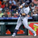 Sep 1, 2023; Houston, Texas, USA; New York Yankees center fielder Jasson Dominguez (89) hits a two-run home run home run to left field against the Houston Astros during the first inning at Minute Maid Park. Mandatory Credit: Erik Williams-USA TODAY Sports MLB: New York Yankees at Houston Astros