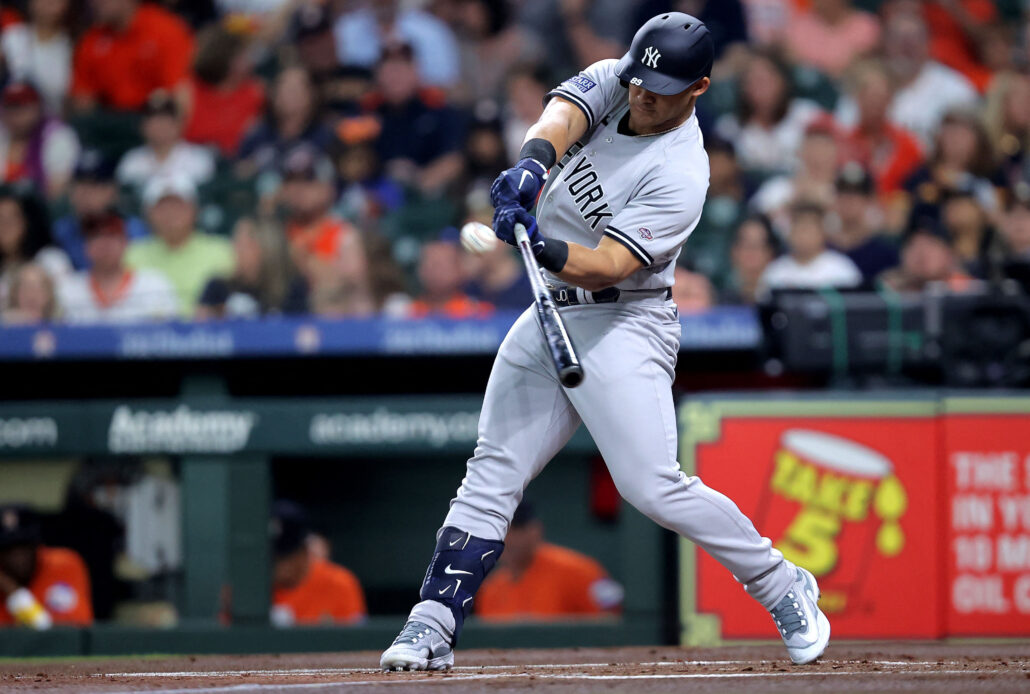 Sep 1, 2023; Houston, Texas, USA; New York Yankees center fielder Jasson Dominguez (89) hits a two-run home run home run to left field against the Houston Astros during the first inning at Minute Maid Park. Mandatory Credit: Erik Williams-USA TODAY Sports MLB: New York Yankees at Houston Astros